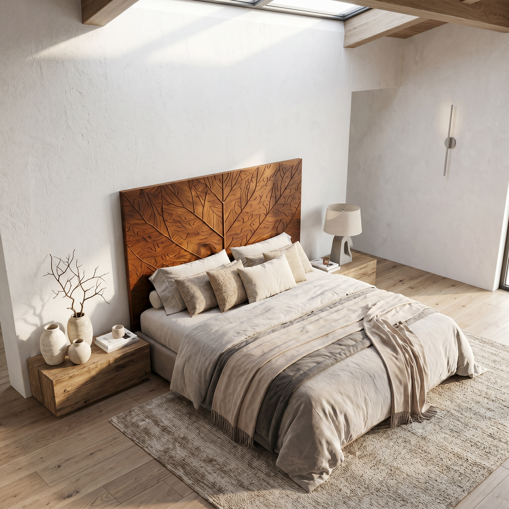 Tree Ring Pattern Carved Wood Headboard For Queen Or King Bed