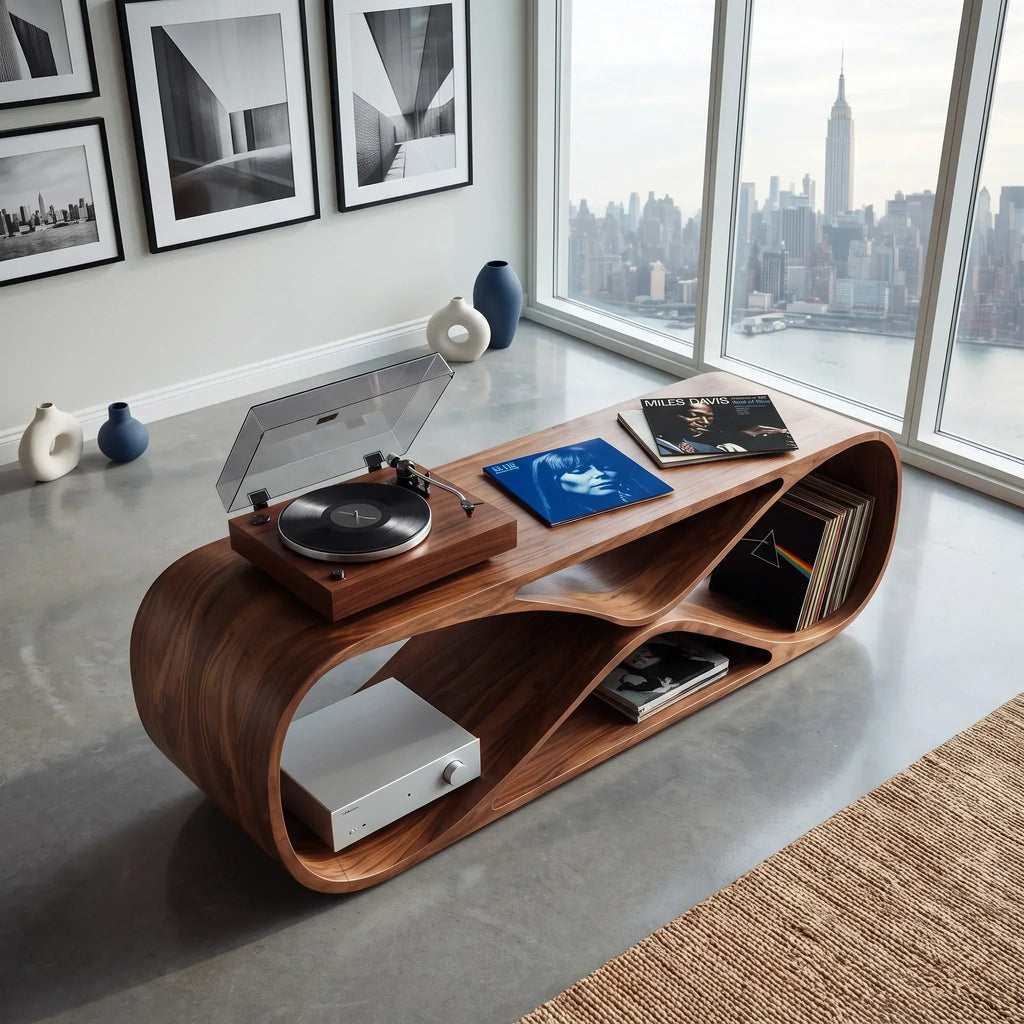 Curved Wood Vinyl Record Cabinet With Turntable Top, 44 To 71 Inch