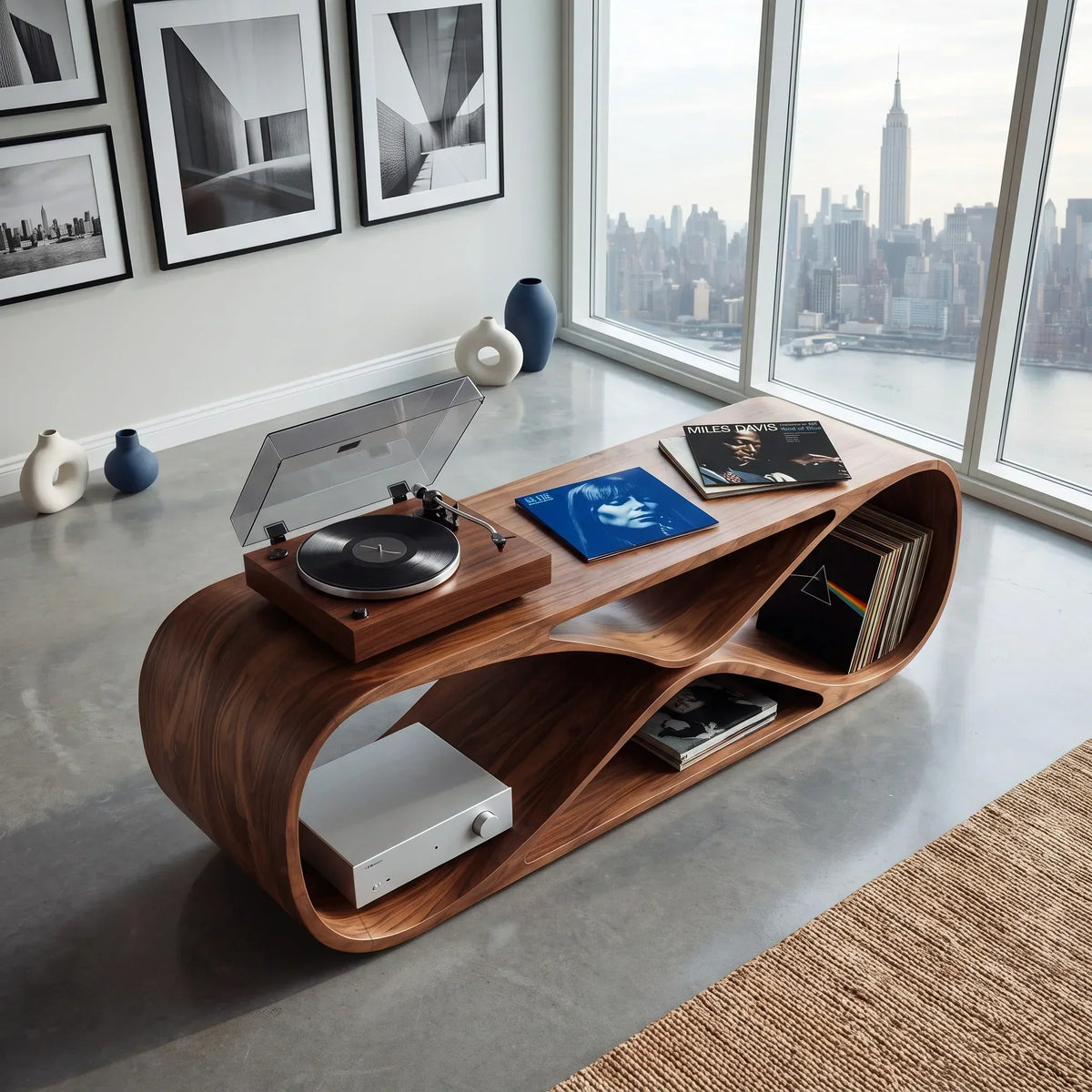 Curved Wood Vinyl Record Cabinet With Turntable Top, 44 To 71 Inch