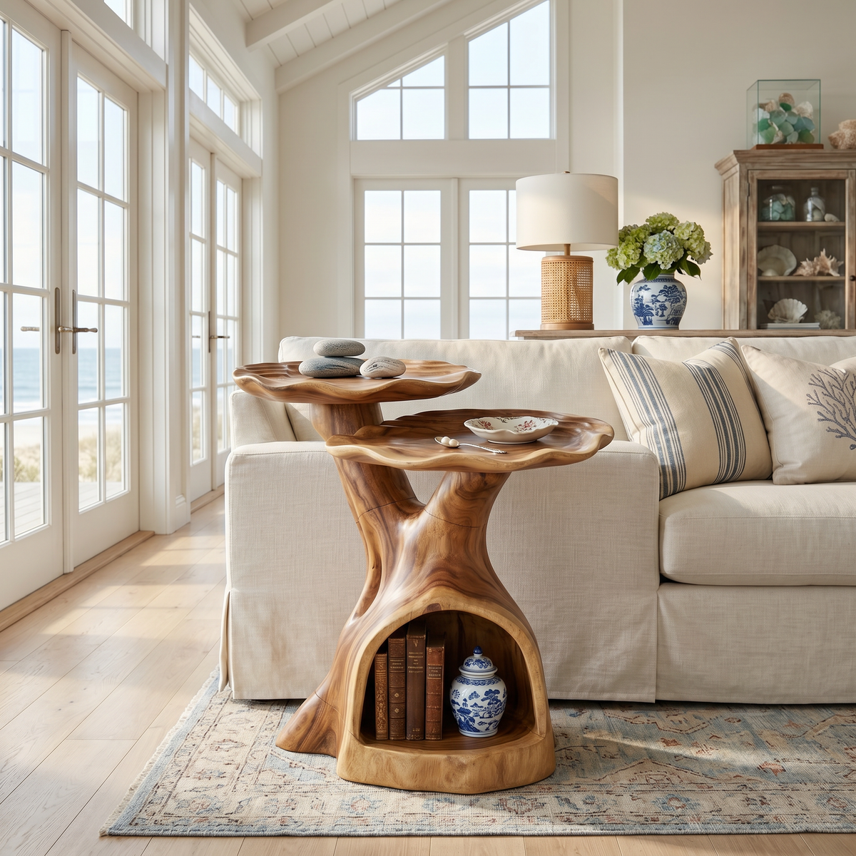 Two-Tier Wood Side Table With Architectural Lines, 16 to 22 Inch