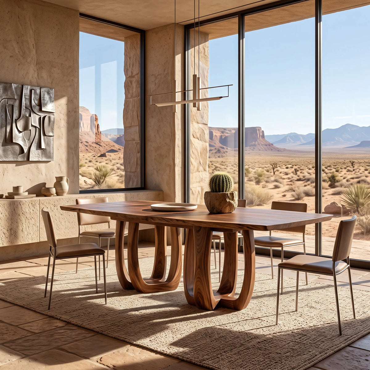 Modern Natural Wood Dining Table Double Loop Base For Dining Room