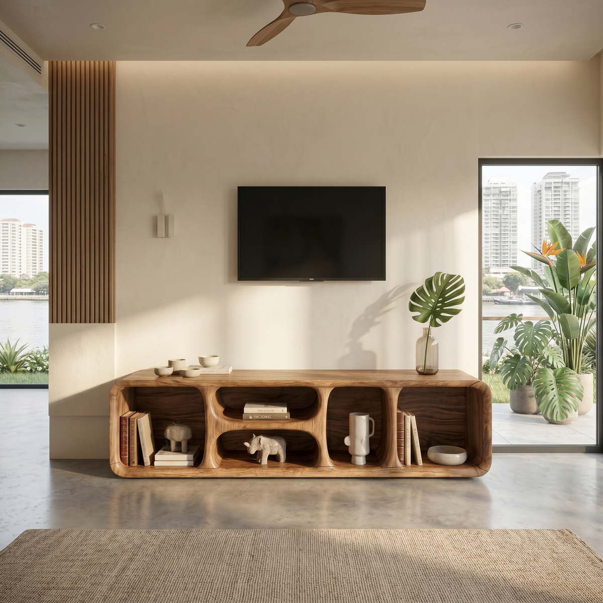 Handcrafted Wooden TV Cabinet With Storage, 51 To 83 Inch Wide