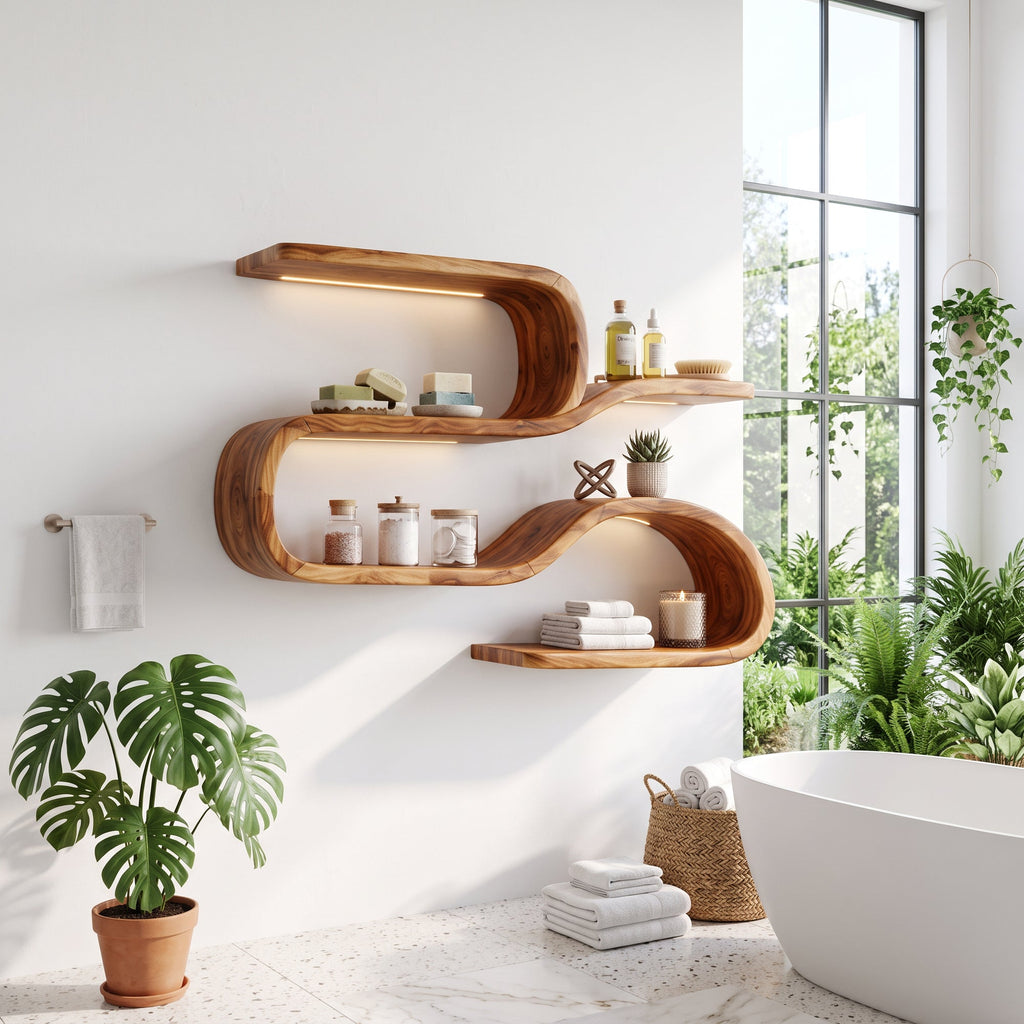 Mid Century Curved Wood Shelves For Coffee Bar