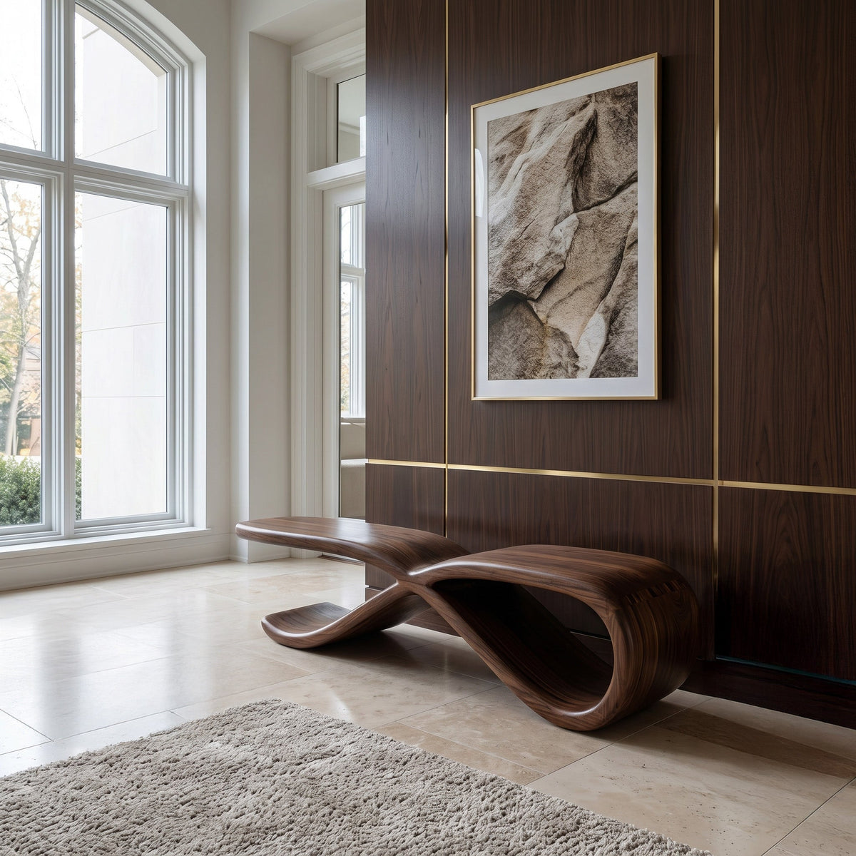 Intertwined Curve Wooden Hallway Bench, 47 To 73 Inch Long