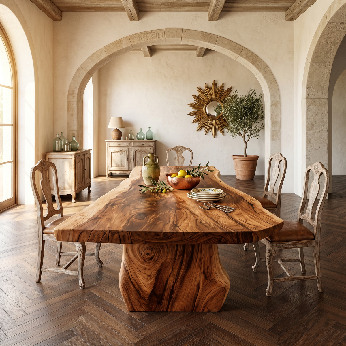 Curved Block Pedestal Solid Wood Dining Table, 63 To 98 Inch