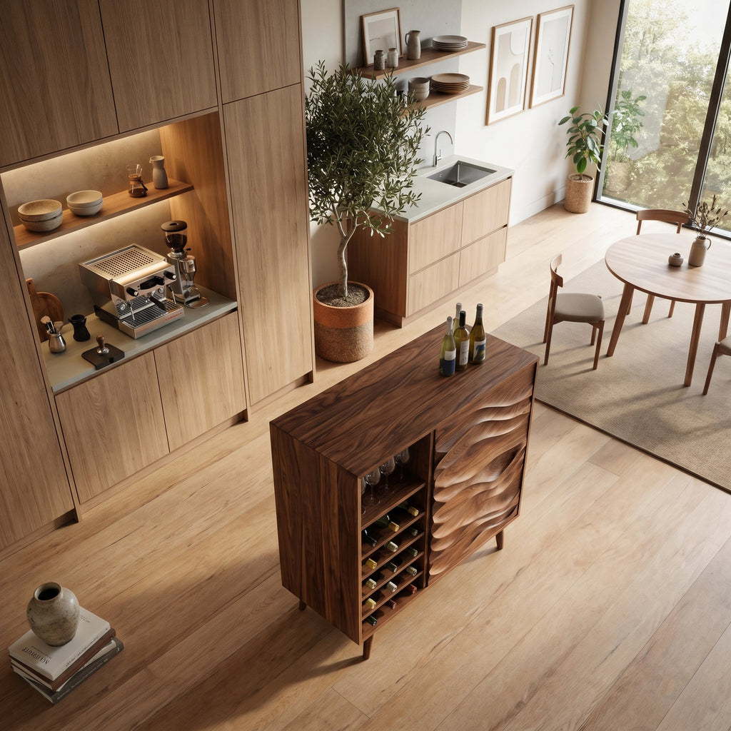 Sculptural Wine Cabinet With Wave Carved Doors For Kitchen