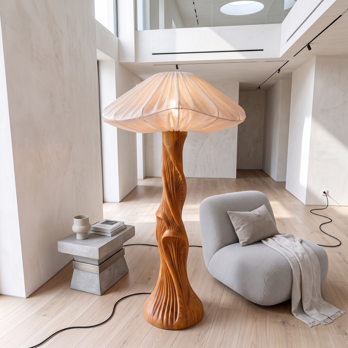 Contemporary Floor Lamp Carved Wood Mushroom Shade Pedestal Lounge