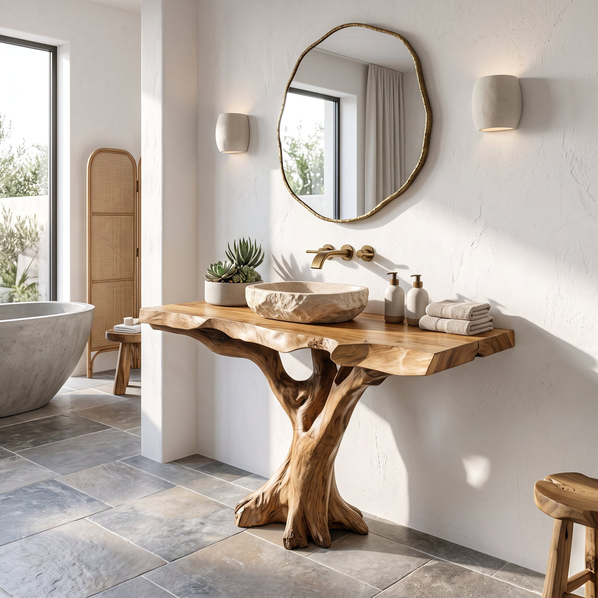 Handcrafted Solid Wood Bathroom Vanity Live Edge For Natural Spa Bath