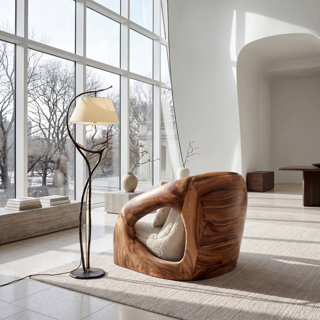 Upholstered Curved Solid Wood Armchair For Modern Living Rooms
