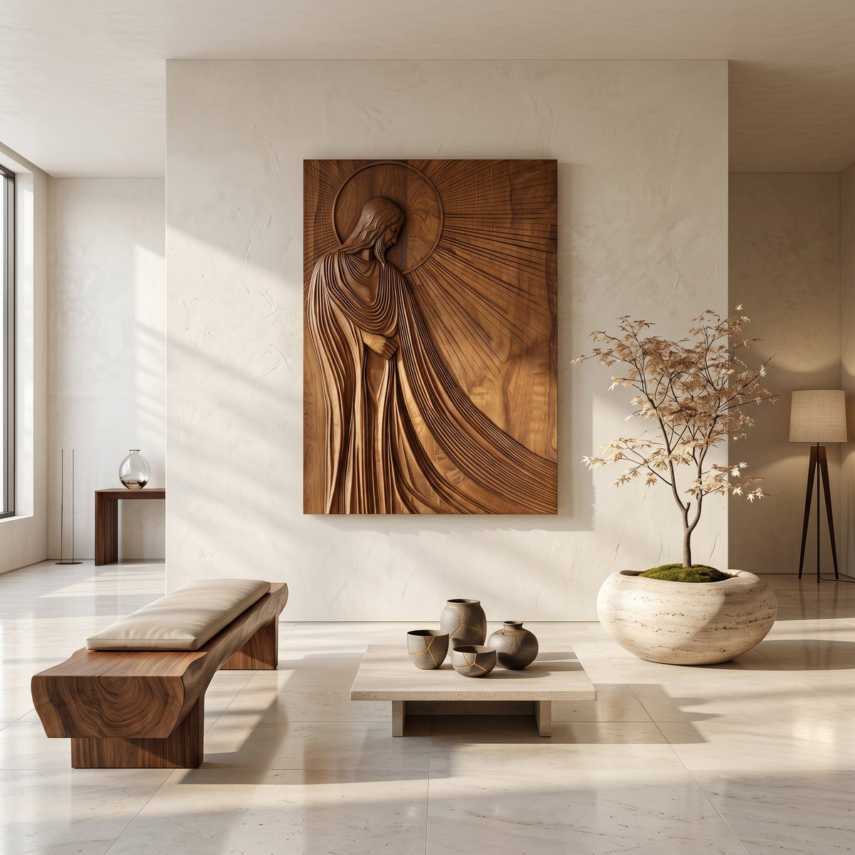 Radiant Carved Religious Wood Wall Panel, 47 to 86 Inch Tall
