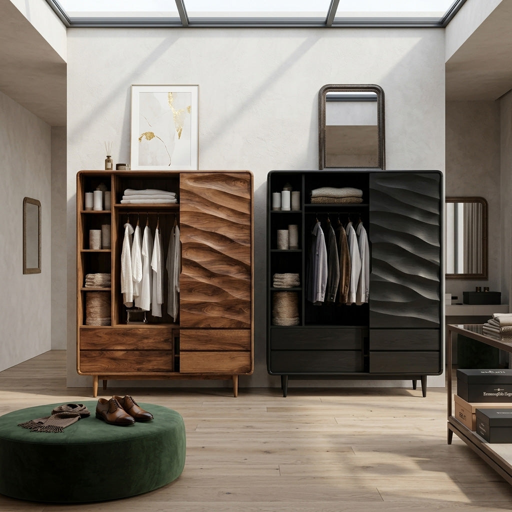Carved Wood Wardrobe With Hanging Space, Drawers And Shelves