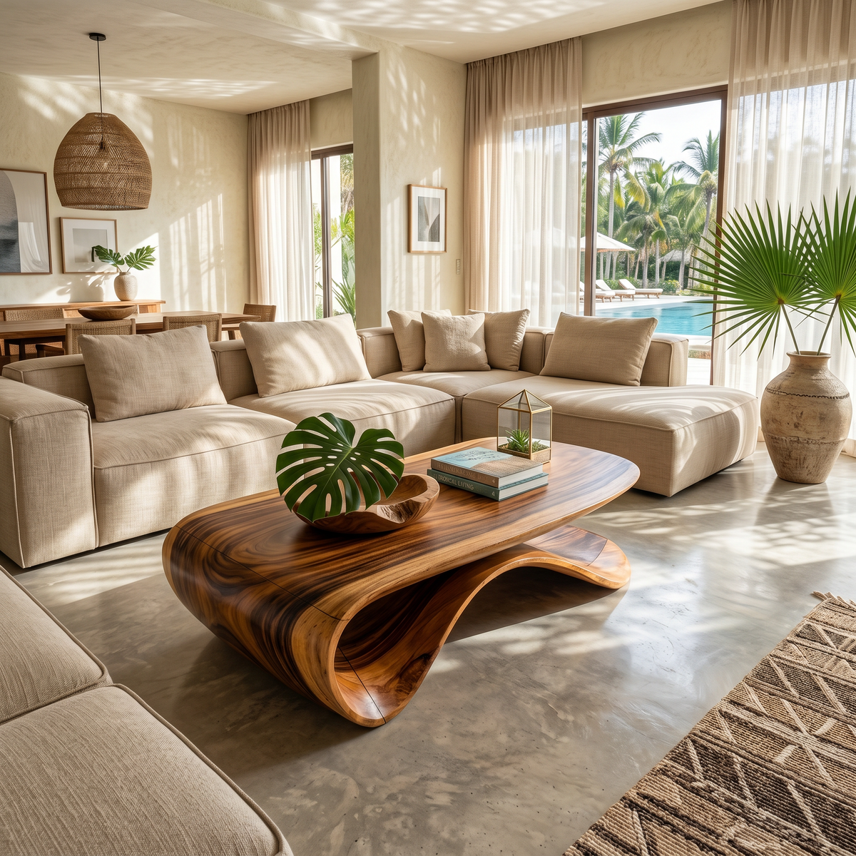 Farmhouse Coffee Table, Low Solid Wood Table for Living Room