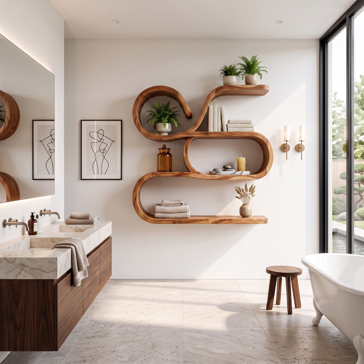 Large Floating Wood Bathroom Shelves For Towels Above The Sink