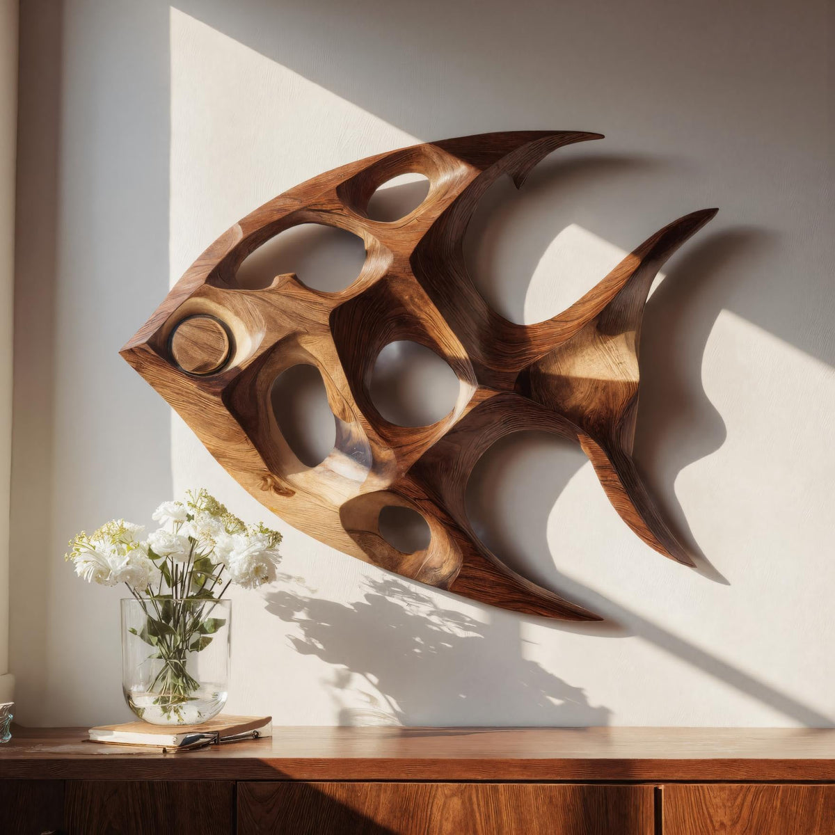 Carved Swimming Fish Wood Wall Sculpture with Open Cutouts
