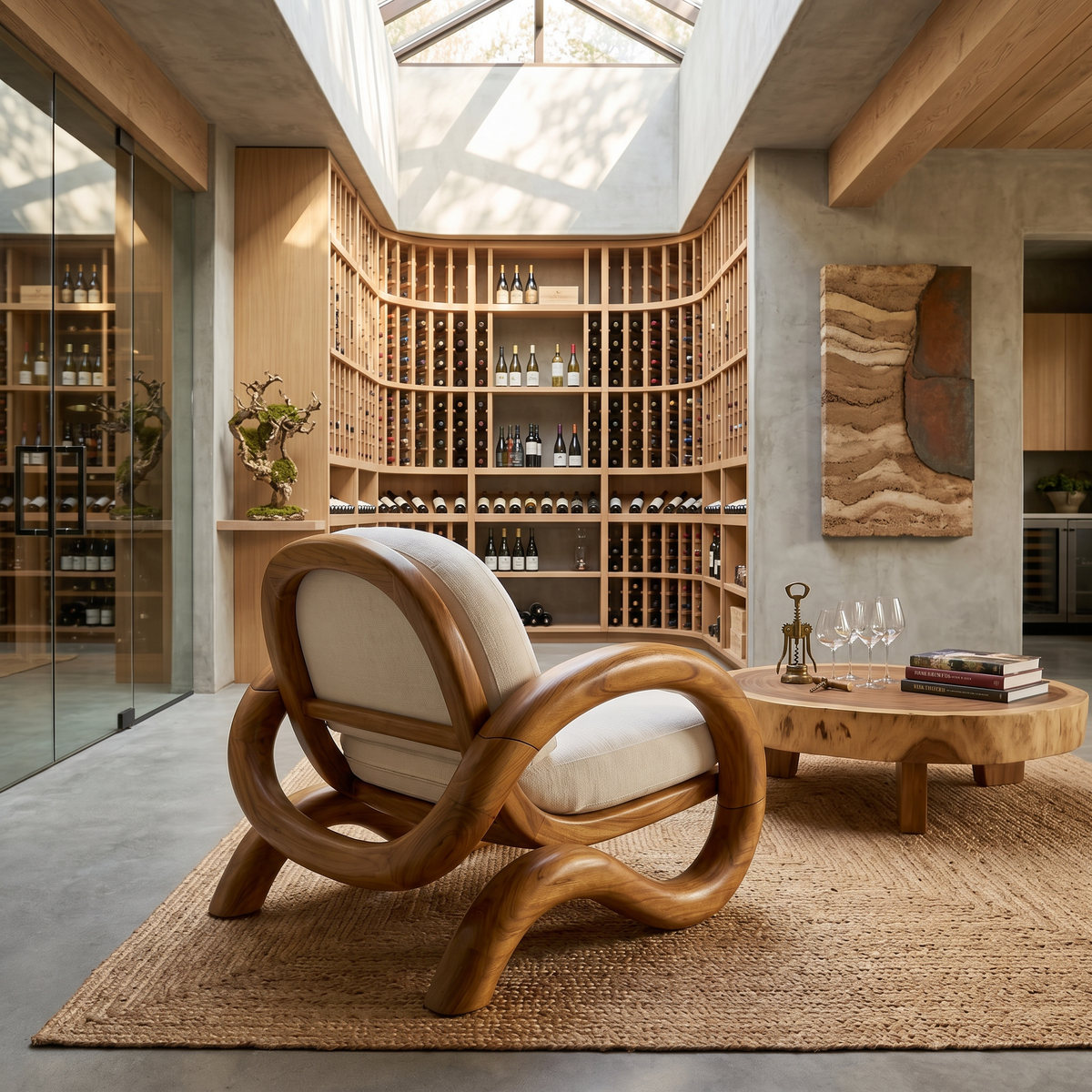 Sculptural Curved Wood Lounge Armchair For Villa Or Reception Area