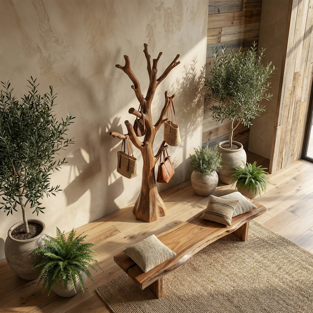 Tree Coat Rack Stand, Hand-Carved Rustic Wood Branch Hall Tree