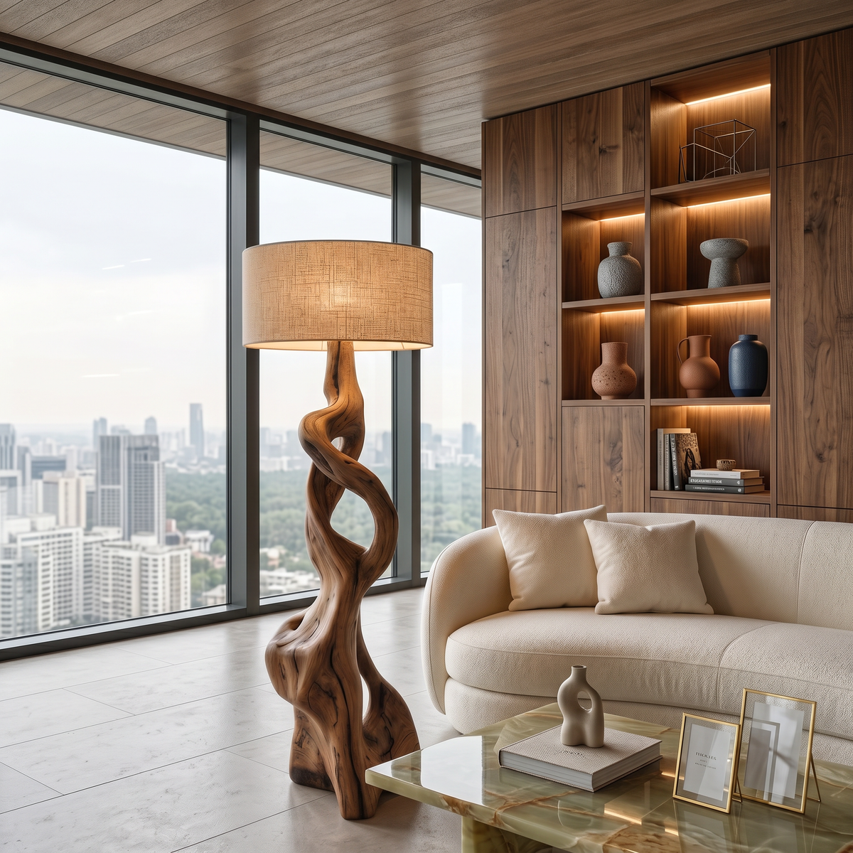 Hand-Carved Wooden Floor Lamp With Sculptural Base, 30 To 51 Inch