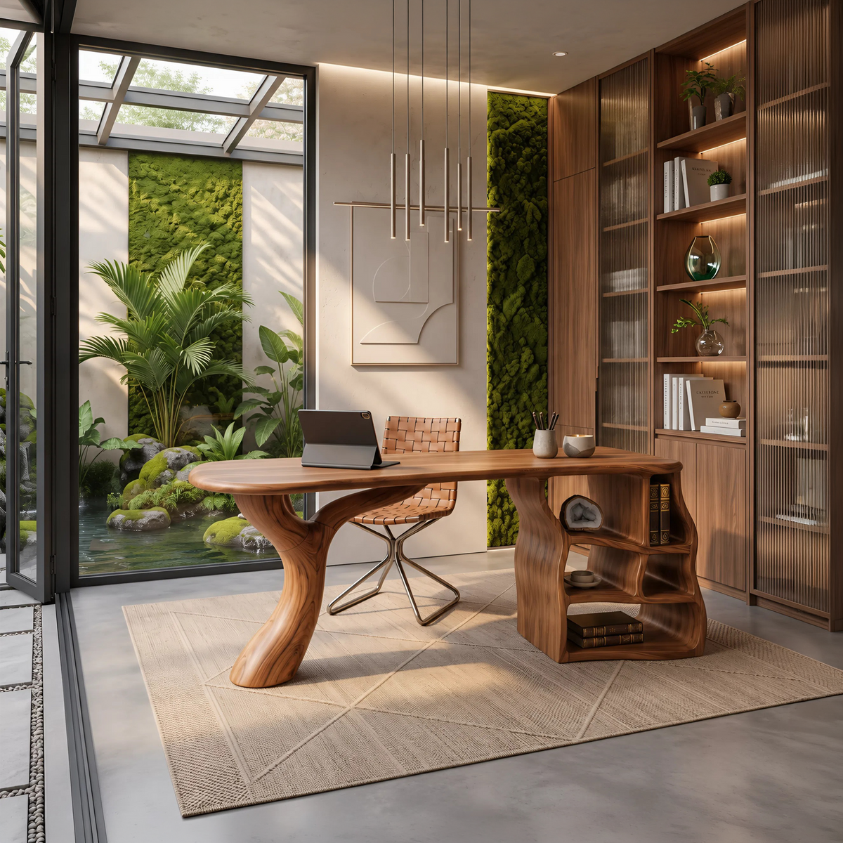 Sculptural Writing Desk With Drawers And Open Shelving