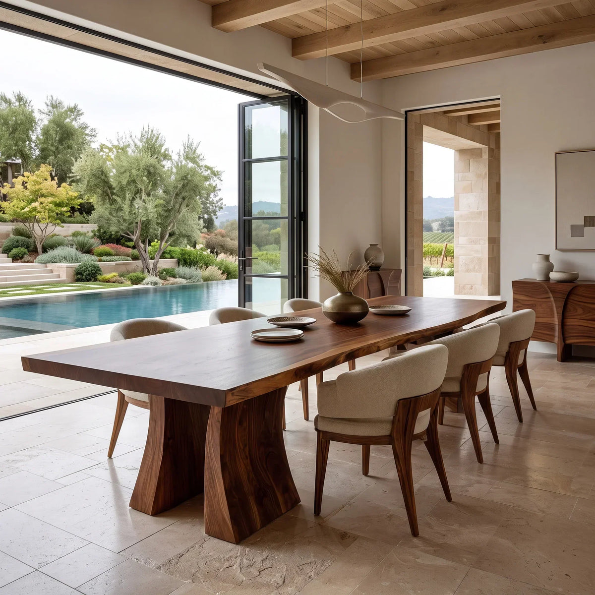 Contemporary Natural Wood Dining Table Sculptural Pedestal For Dining Room