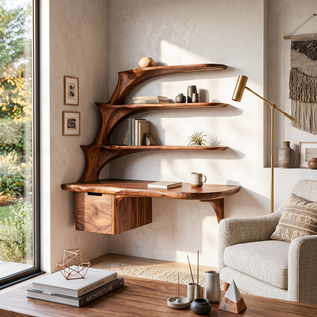 Contemporary Floating Desk With Display Shelves And Drawers For