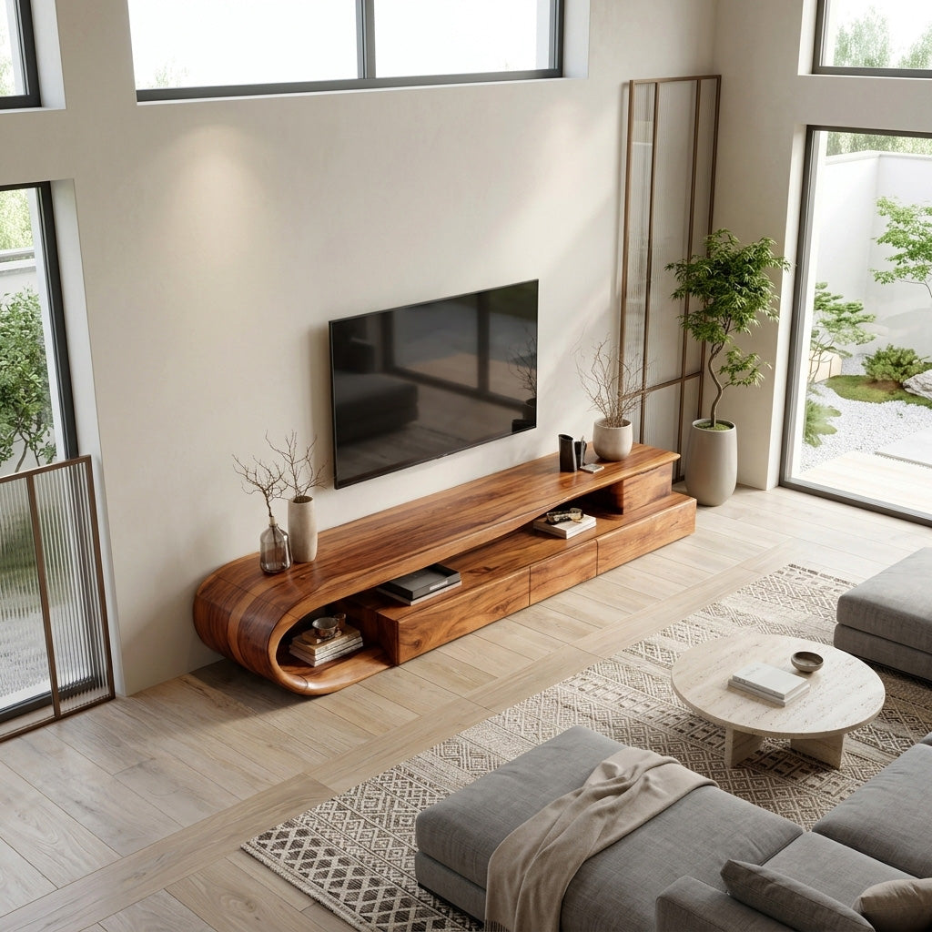 Curved TV Console with Drawers, Modern Solid Wood Media Credenza