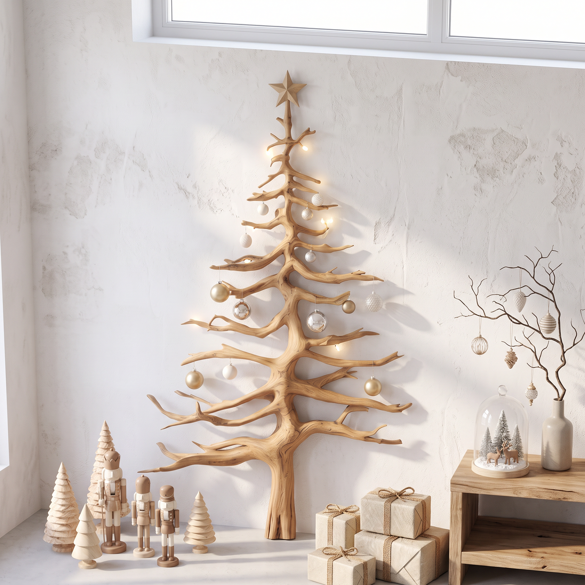 Rustic Pine Tree Wall Shelf with Carved Wood Branches