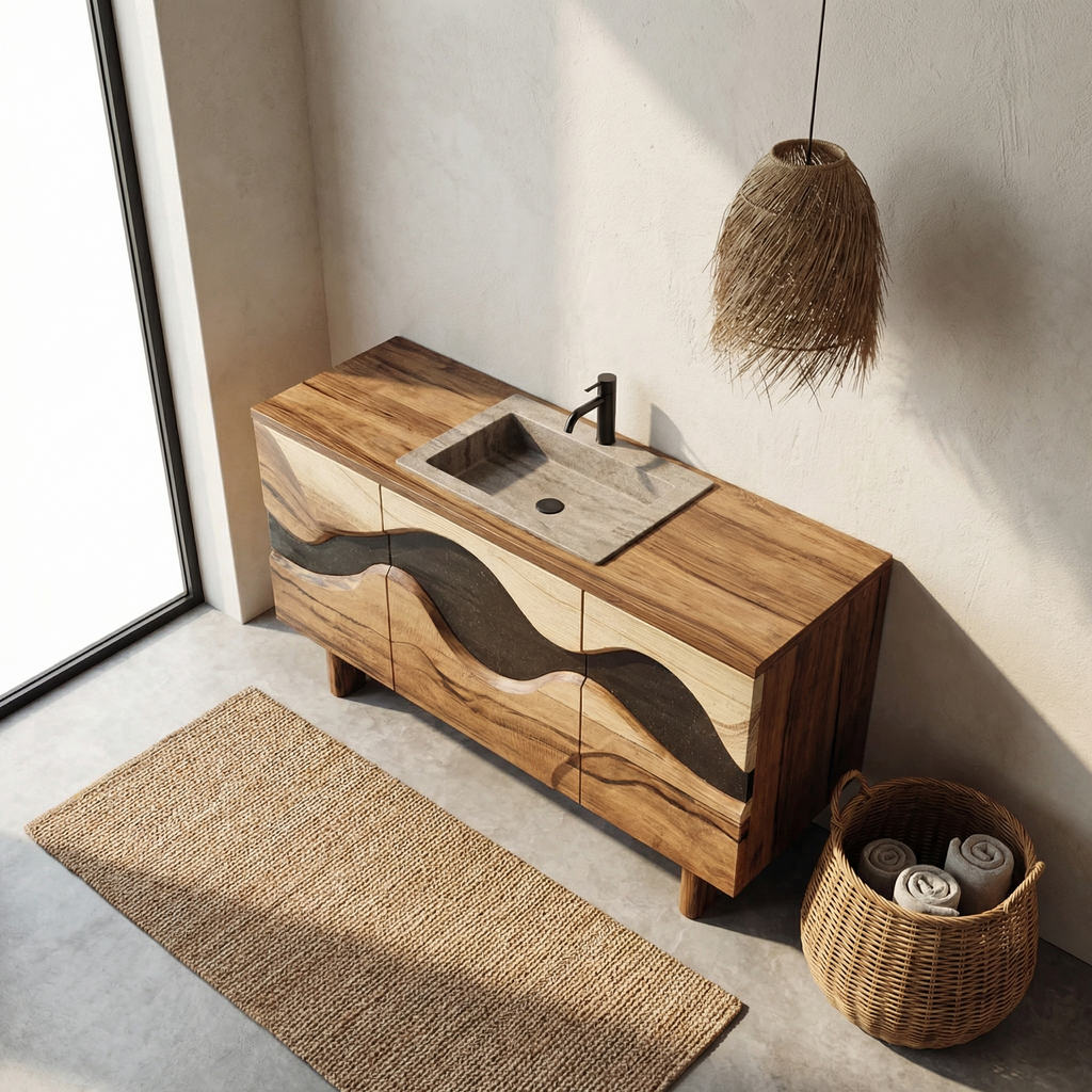 Bathroom Vanity Cabinet, Wave Front Sculptural Solid Wood Design