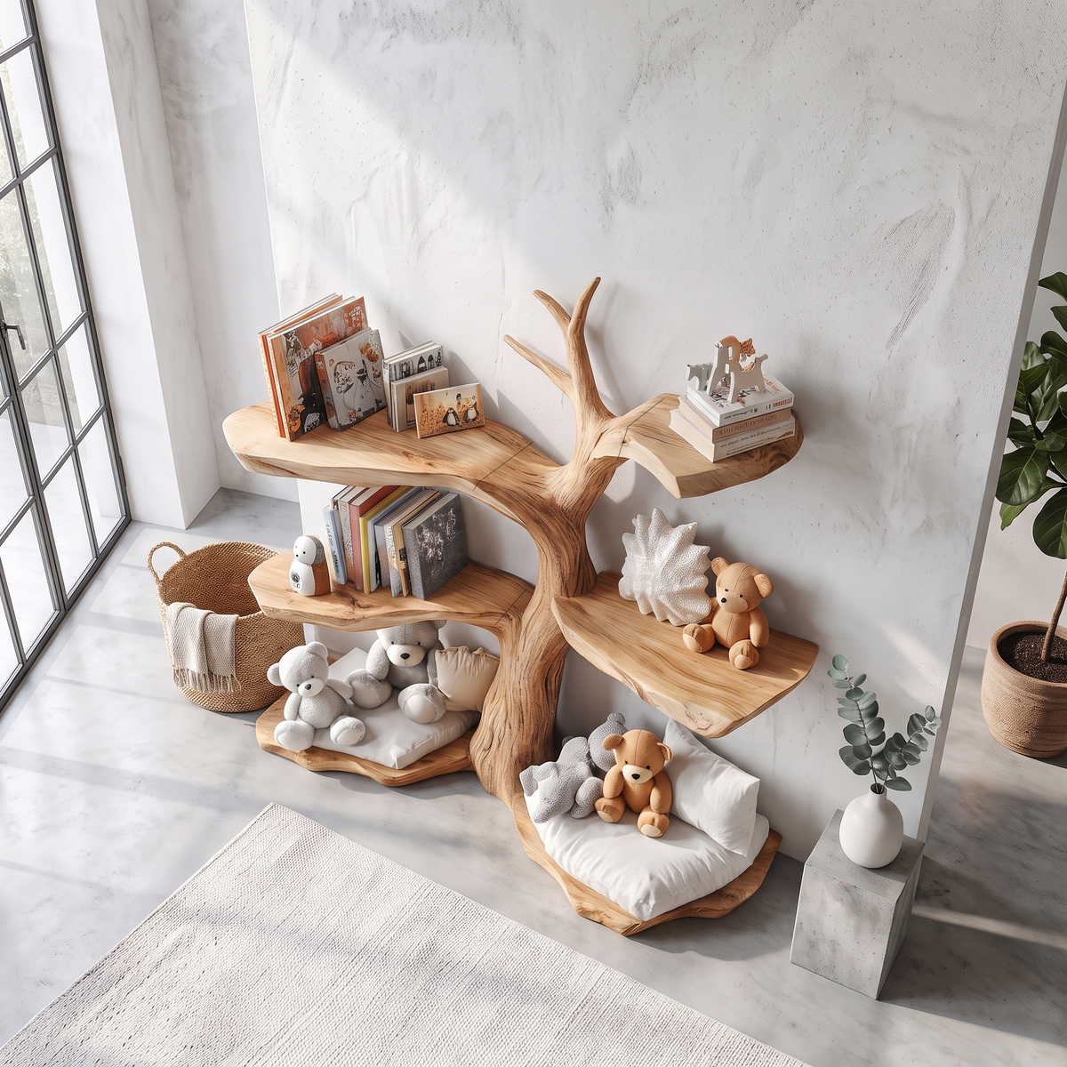 Corner Tree Bookshelf for Kids Room, Solid Wood Toy and Book Shelf