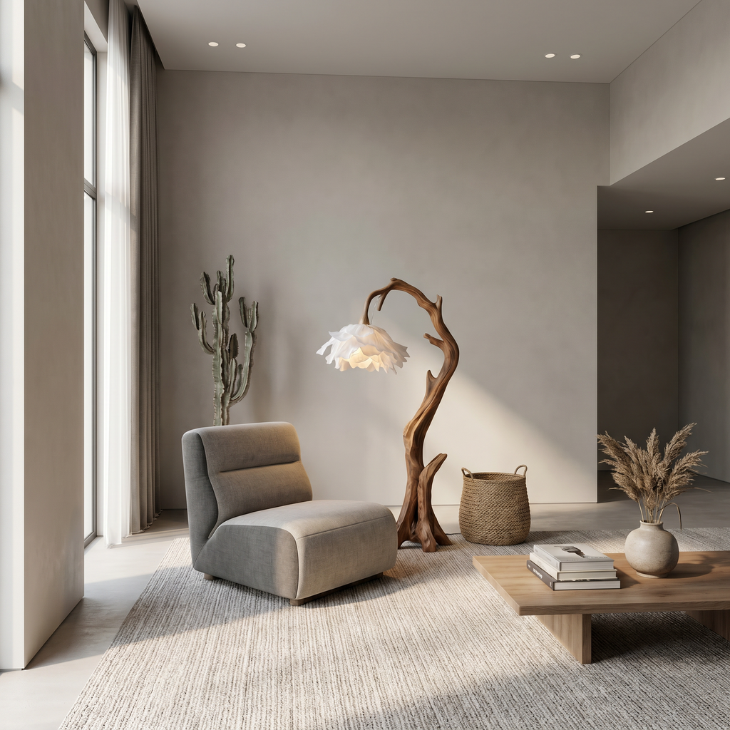 Wood Base Floor Lamp with Flower-Shaped Shades, 51 or 61 in Tall