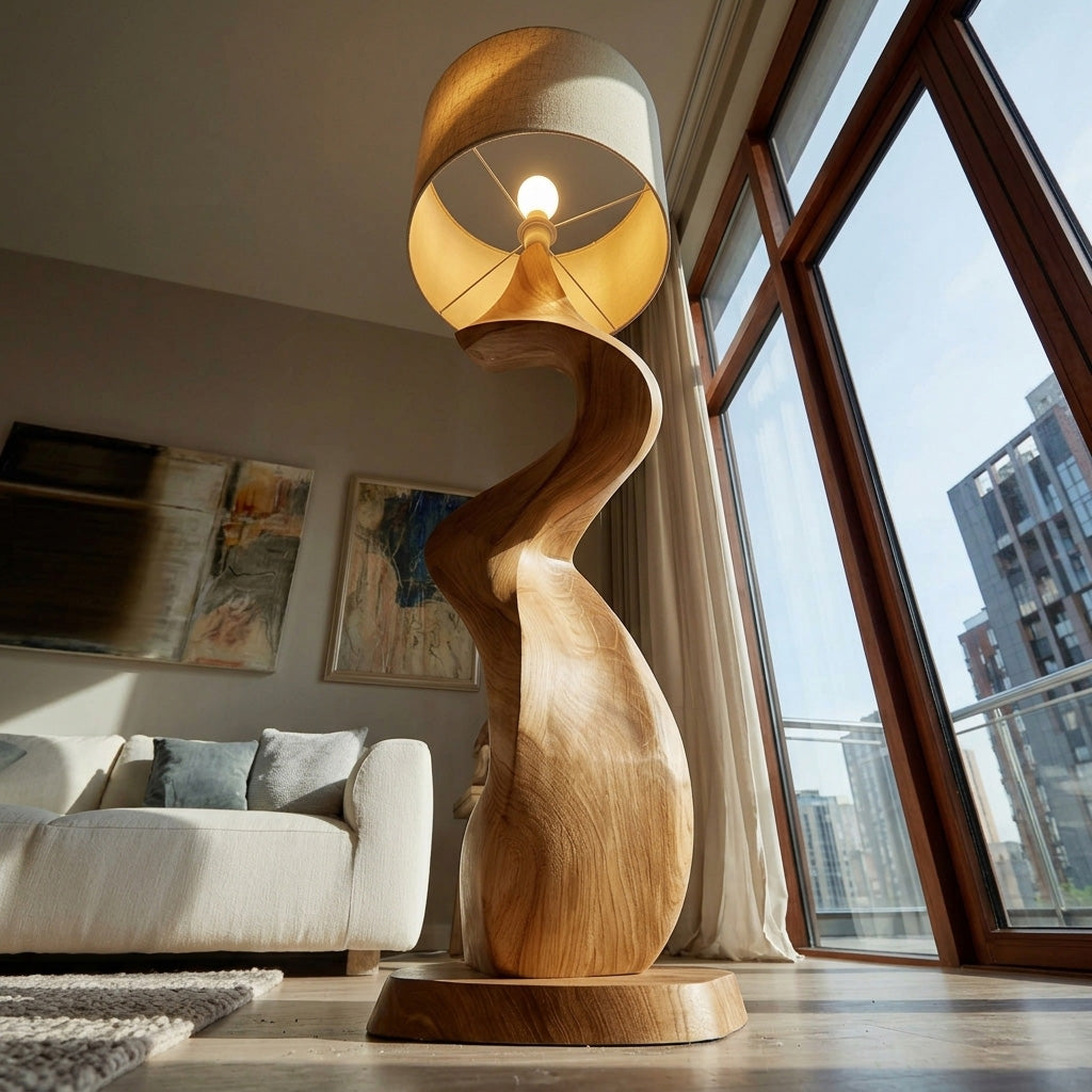 Gracefully Twisted Wood Base Floor Lamp, Fabric Shade, 39-63 in