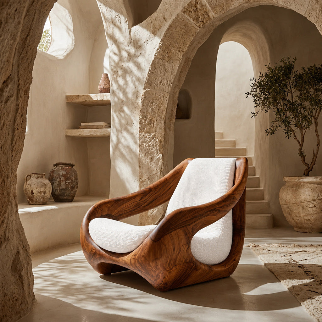 Sculptural Carved Solid Wood Accent Chair with Fluid Form
