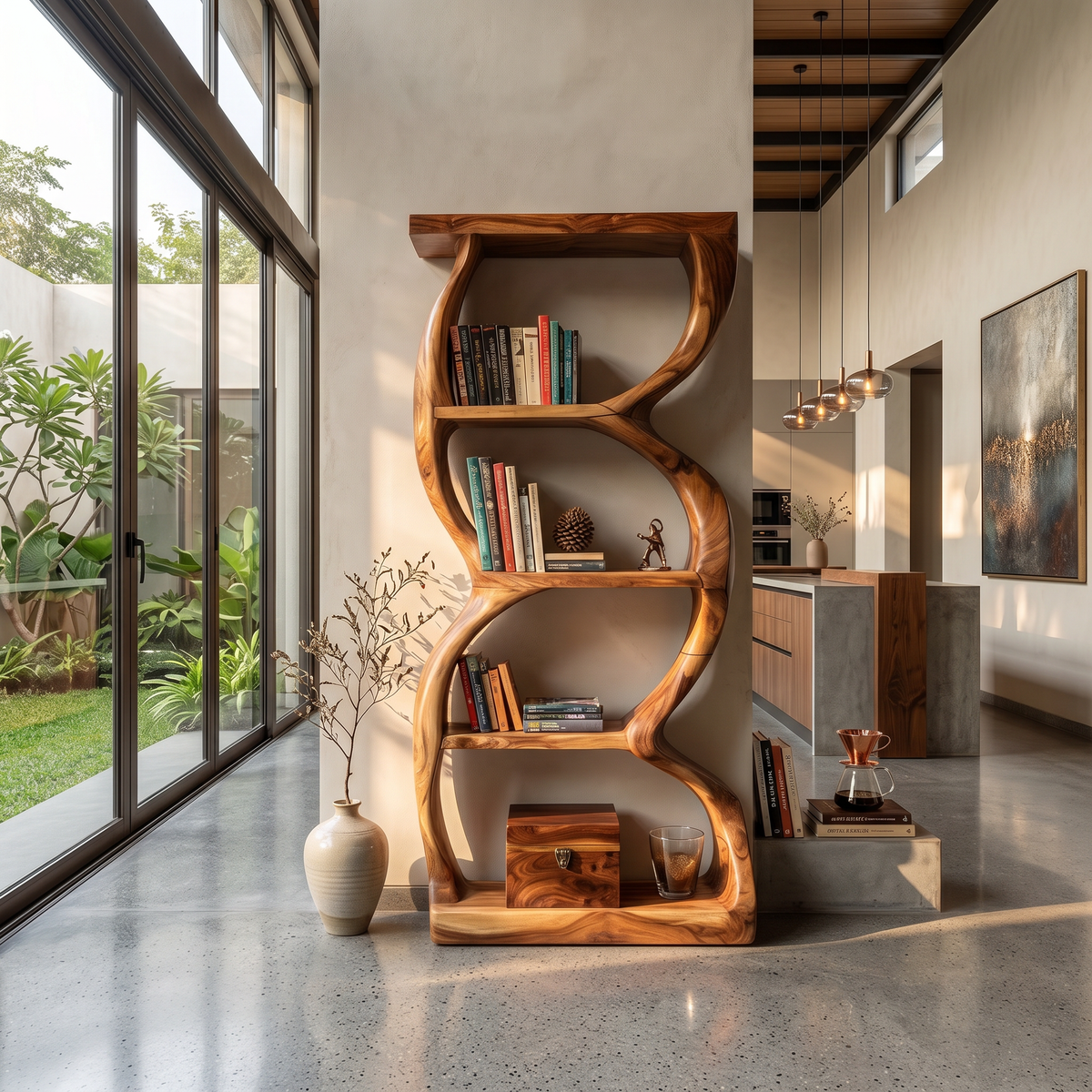 Soft Curve Wooden Bookcase With Open Shelves, 47 to 79 Inch