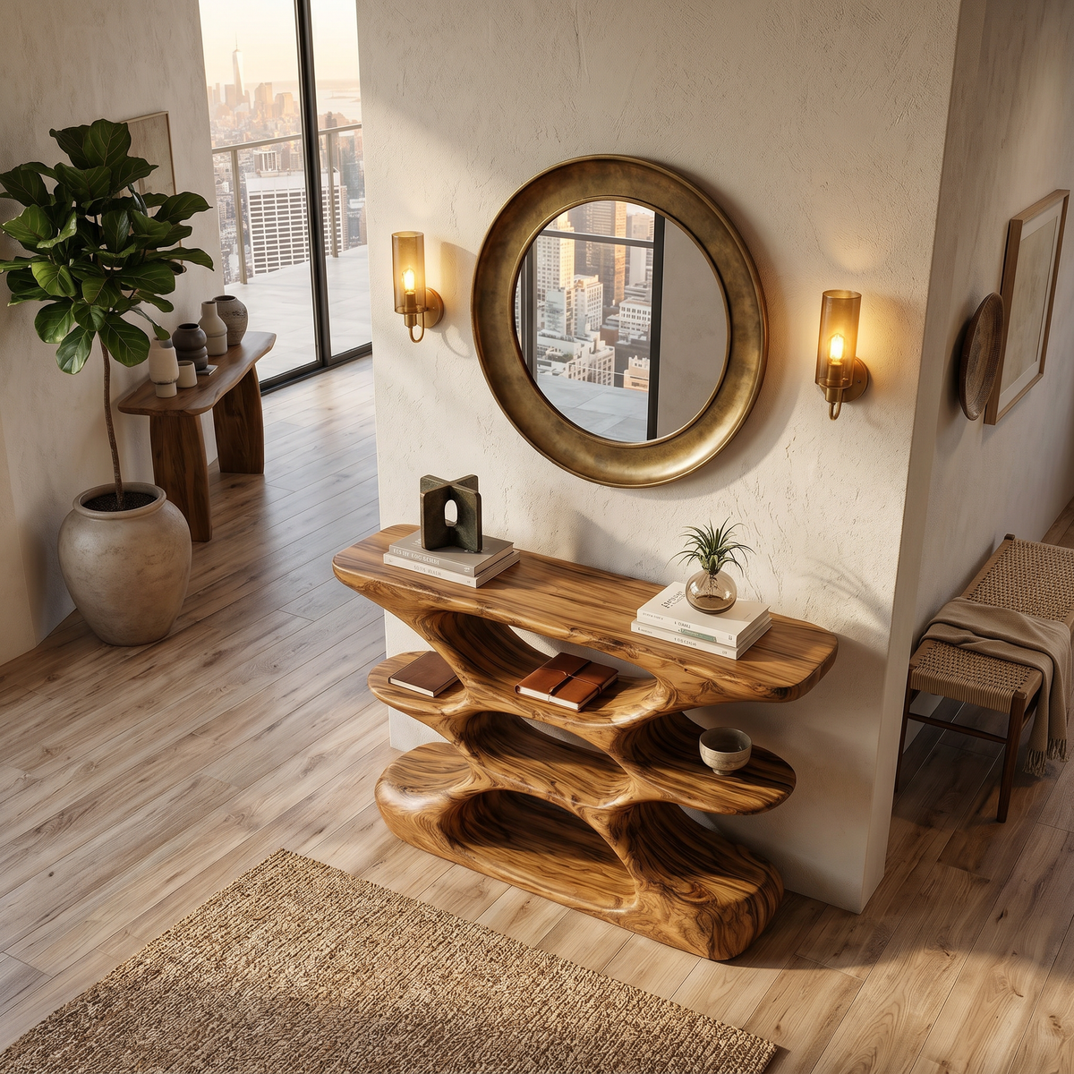 Layered Curve Wood Console With Open Cutout Shelves, 51 To 76 In