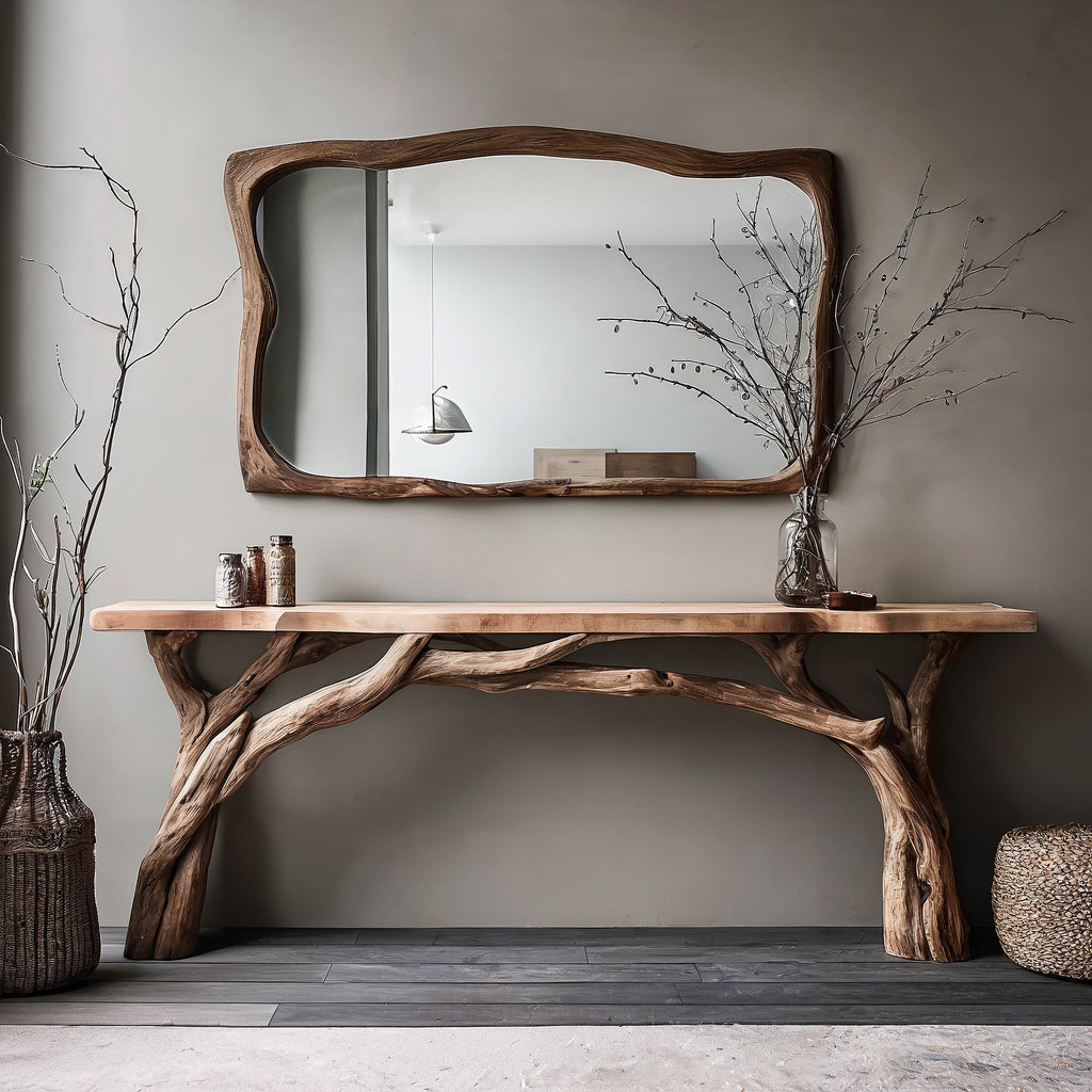 Live Edge Top Wooden Console Table With Organic Base, 40-71 Inch