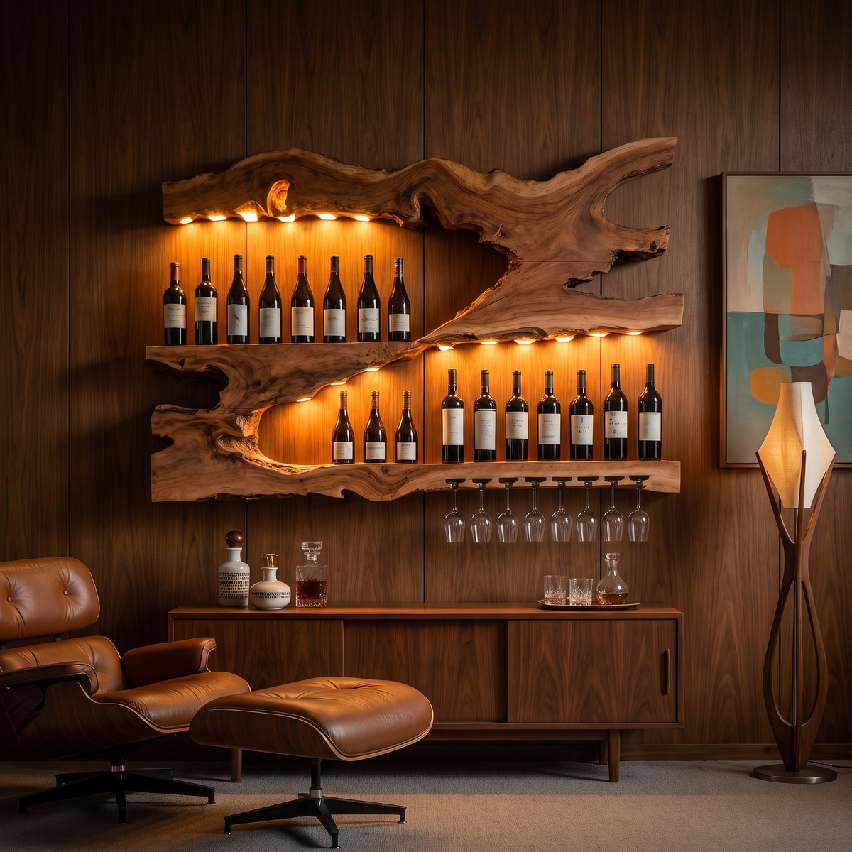 Mid-Century Monkeypod Wood Wall Wine Rack with Minimalist Shelf