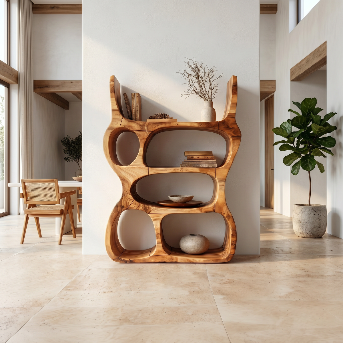 Organic Form Wooden Display Shelf For Candles, Plants And Books