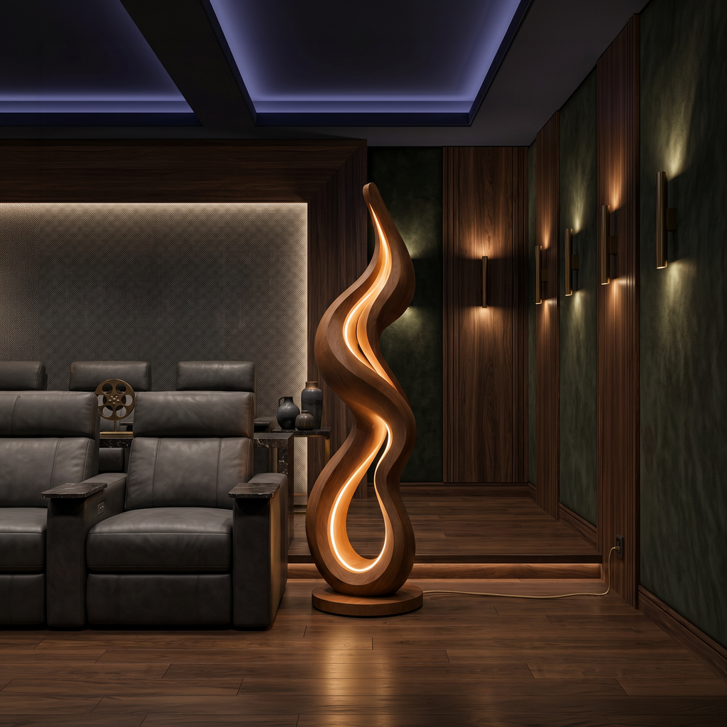 Wave Form Wooden Floor Lamp With Built-In Side Table Surface