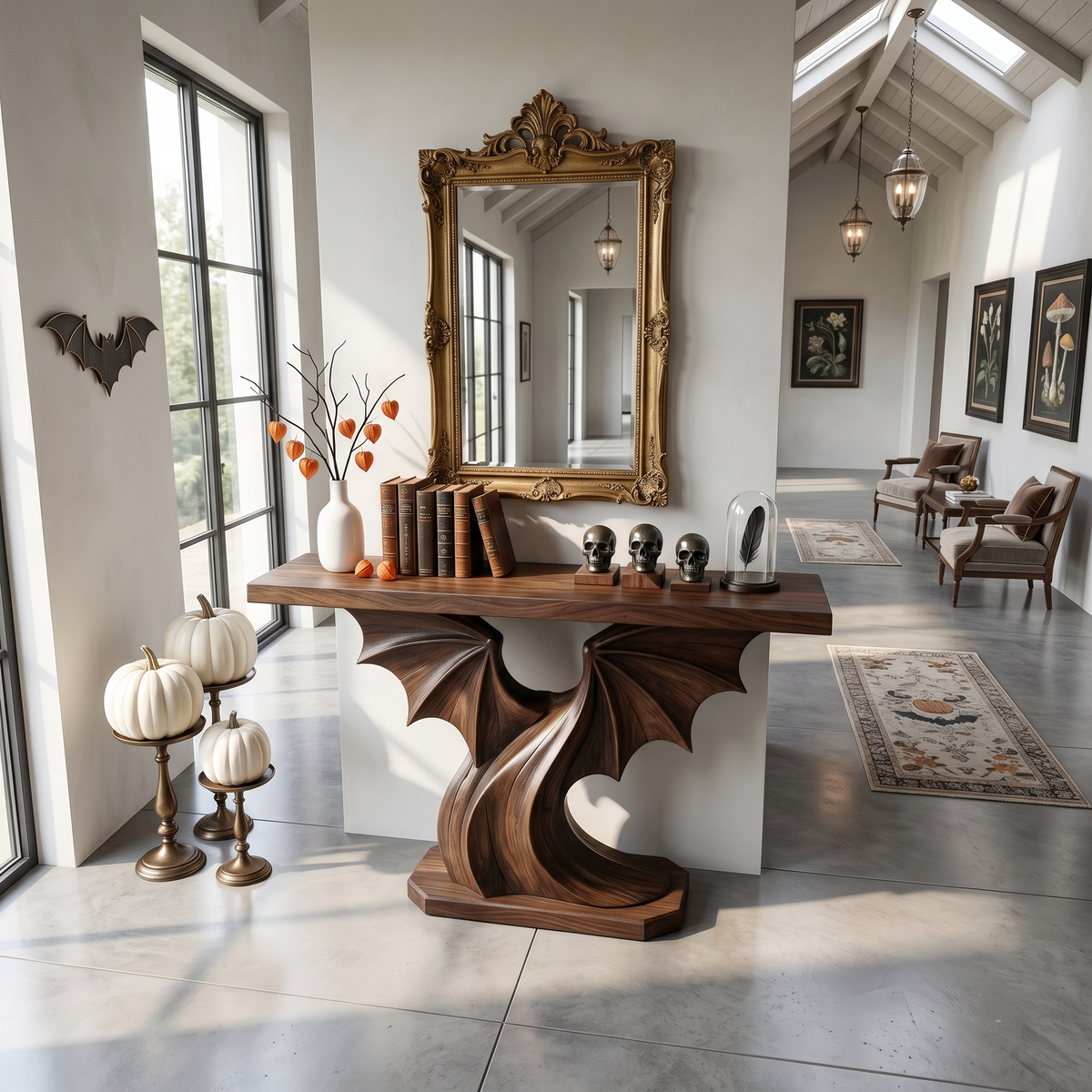 Contemporary Halloween Console Table With Sculptural Bat Wing Design For Entryway And