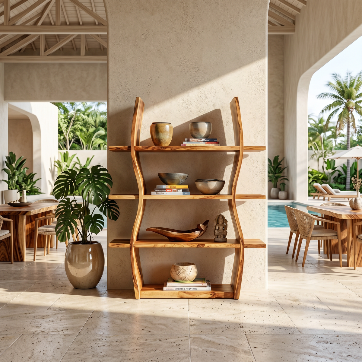 Wave Form Open Wood Storage Shelf, 47 To 79 Inch Tall