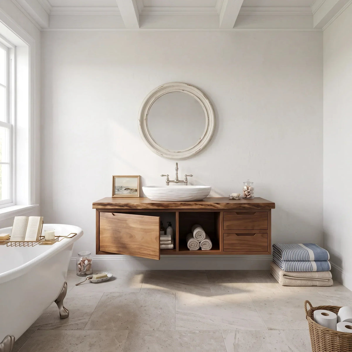 Double Sink Wood Bathroom Vanity With Split Storage For Two