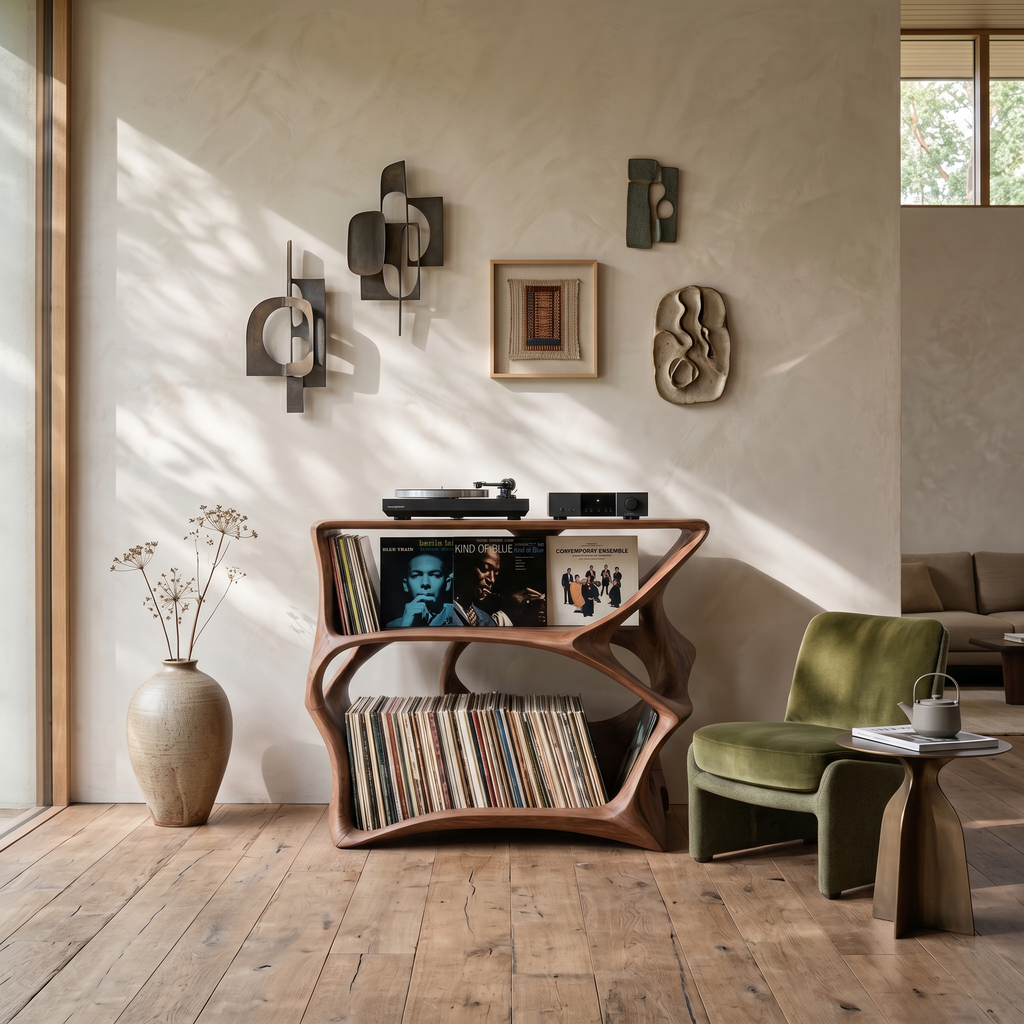 Farmhouse Natural Wood Record Stand for Cozy Living Rooms