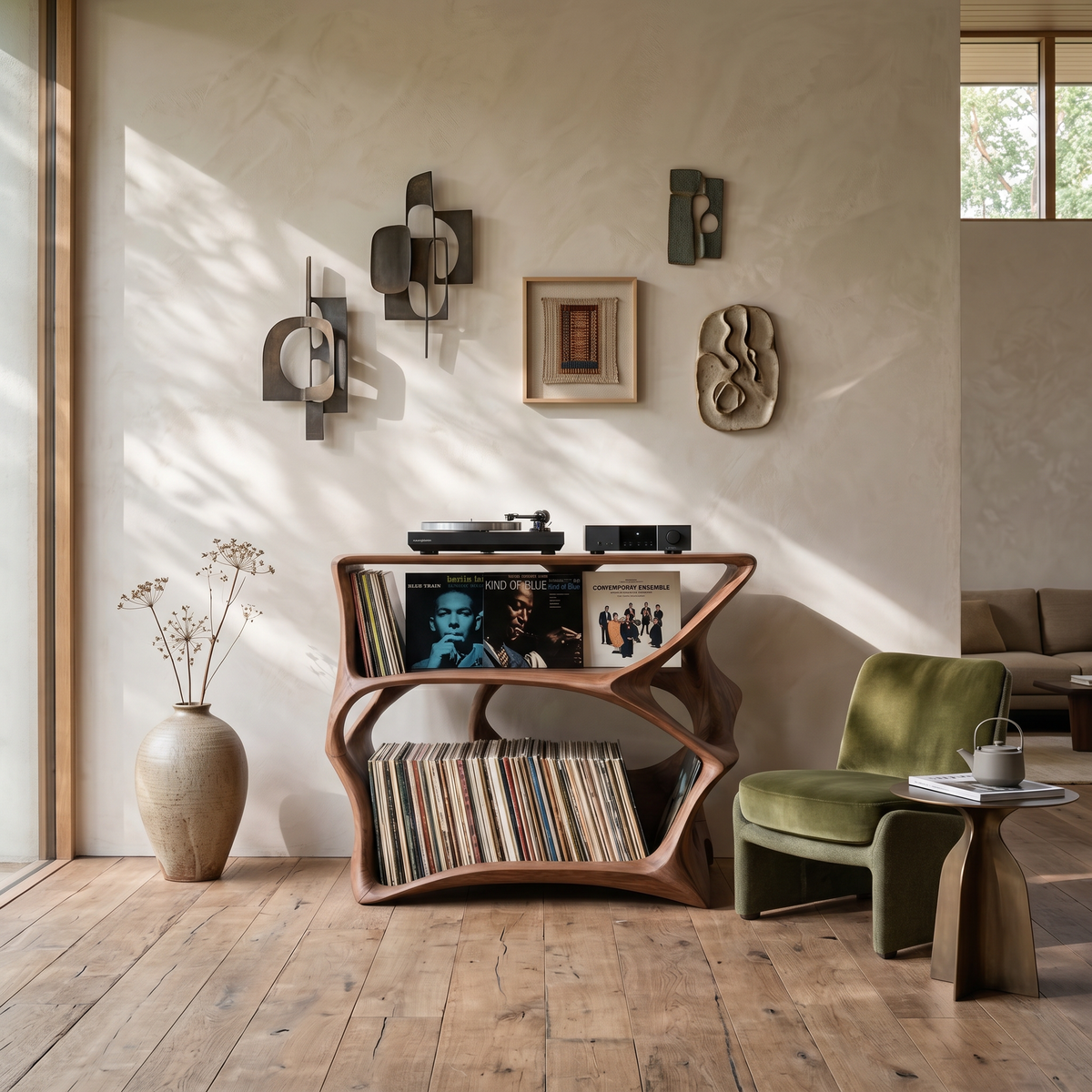 Farmhouse Natural Wood Record Stand for Cozy Living Rooms