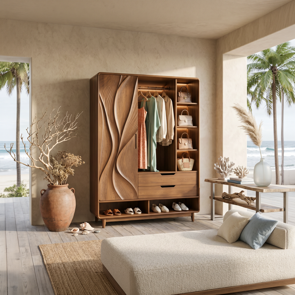 Tall Curved Front Wooden Wardrobe Armoire For Bedroom Clothing Storage