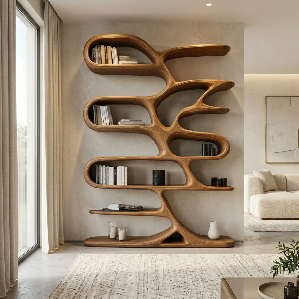 Softly Curved Open Wood Bookcase For Minimalist Rooms, 59-79 In