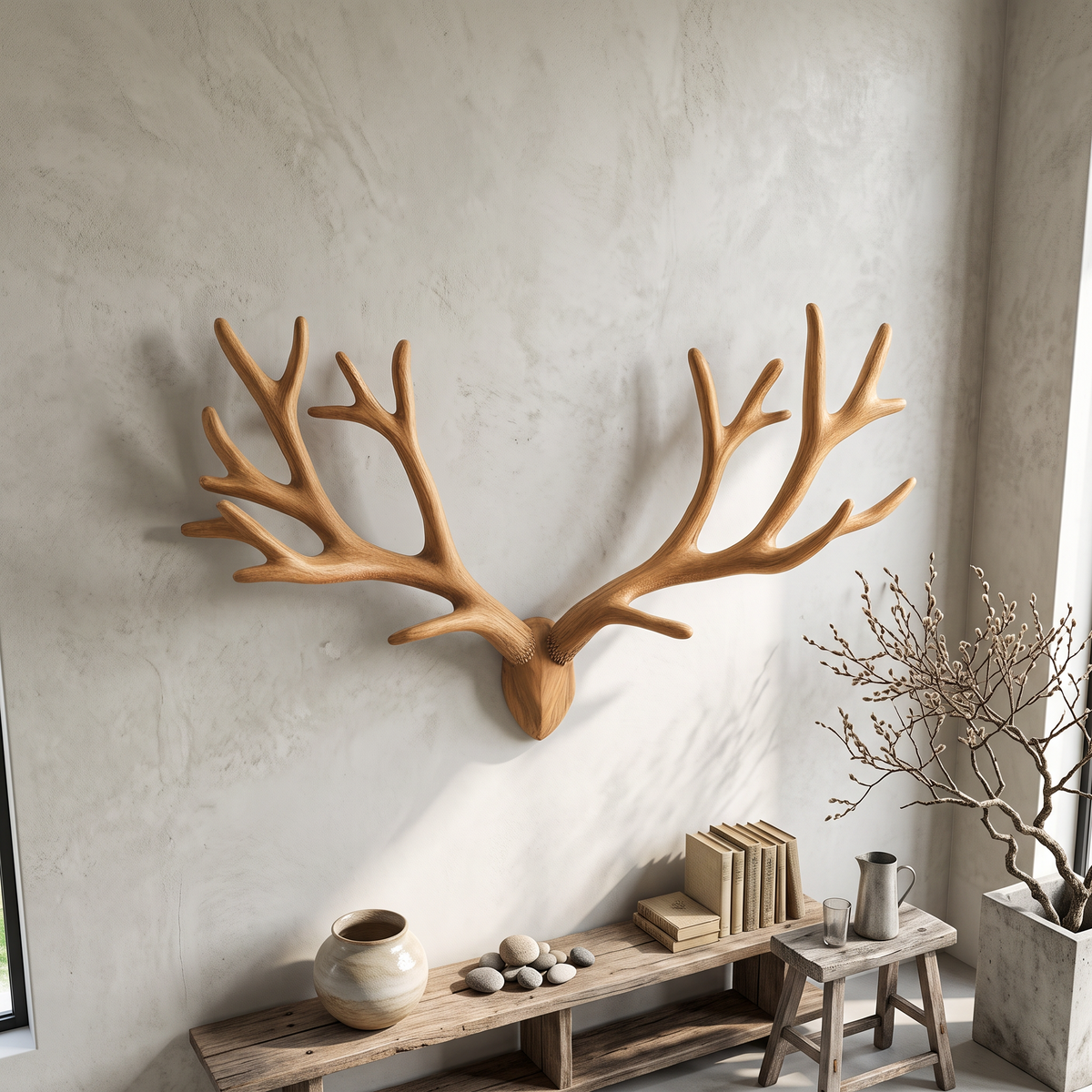 Antler Branch Wall Art, Rustic Wood Sculpture for Bedroom