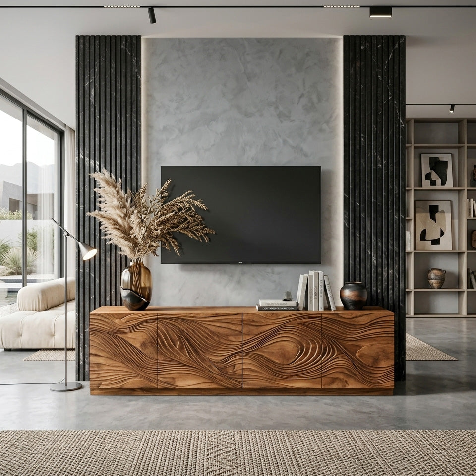 Wave Pattern Front TV Console With Storage, 65 to 93 Inch