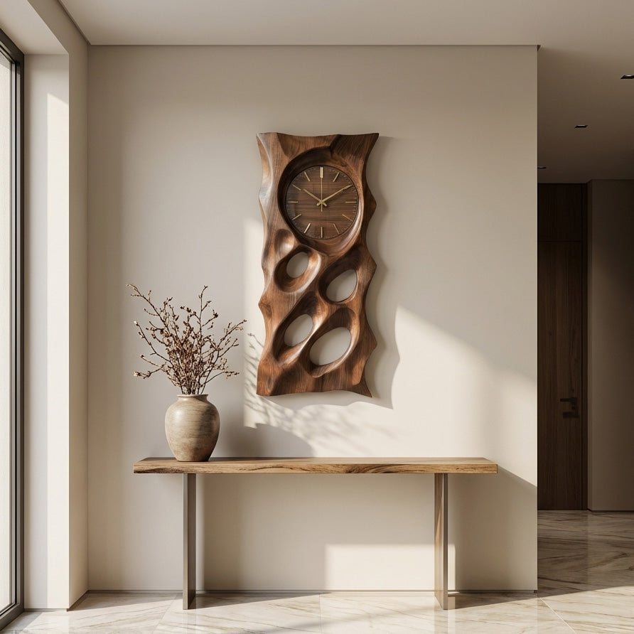 Modern Organic Wooden Wall Clock, 3D Hand-Carved Hollow Wood Hanging Clock