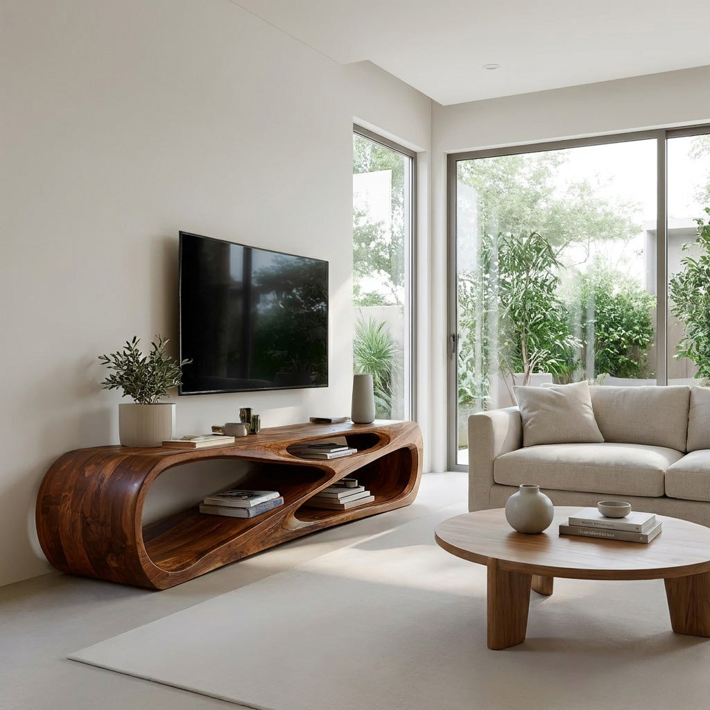 Low Profile Curved Wood Media Console With Open Storage
