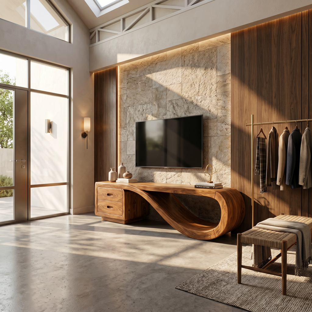 Luxury Sculptural Media Console Marble Accent Wall