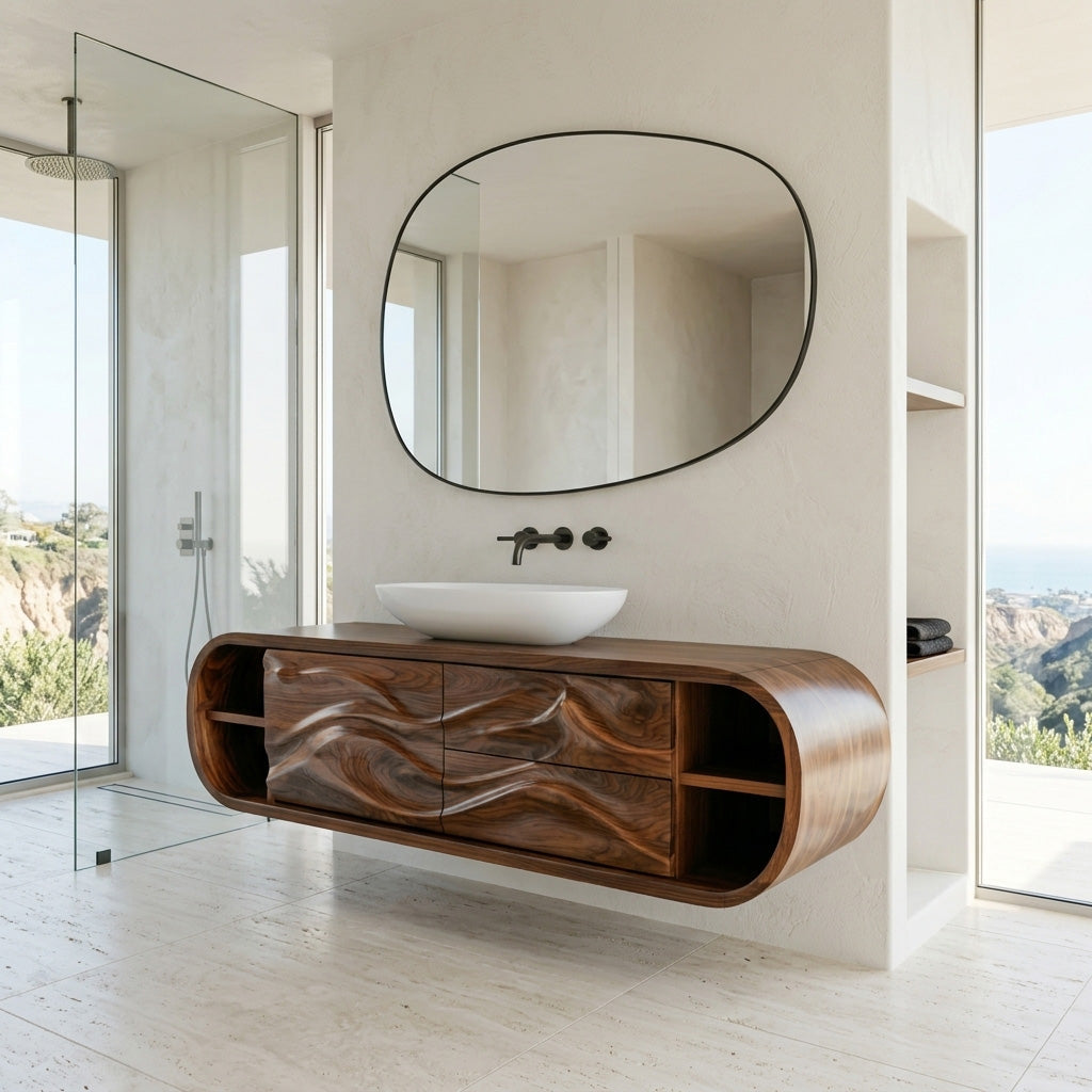 Wall Mounted Curved Wood Bathroom Vanity With Carved Side Panels